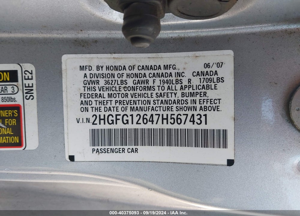 2007 HONDA CIVIC LX VIN: 2HGFG12647H567431