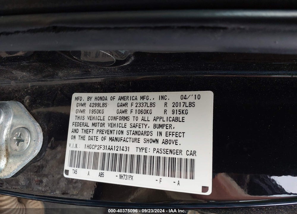 2010 HONDA ACCORD 2.4 LX VIN: 1HGCP2F31AA121431