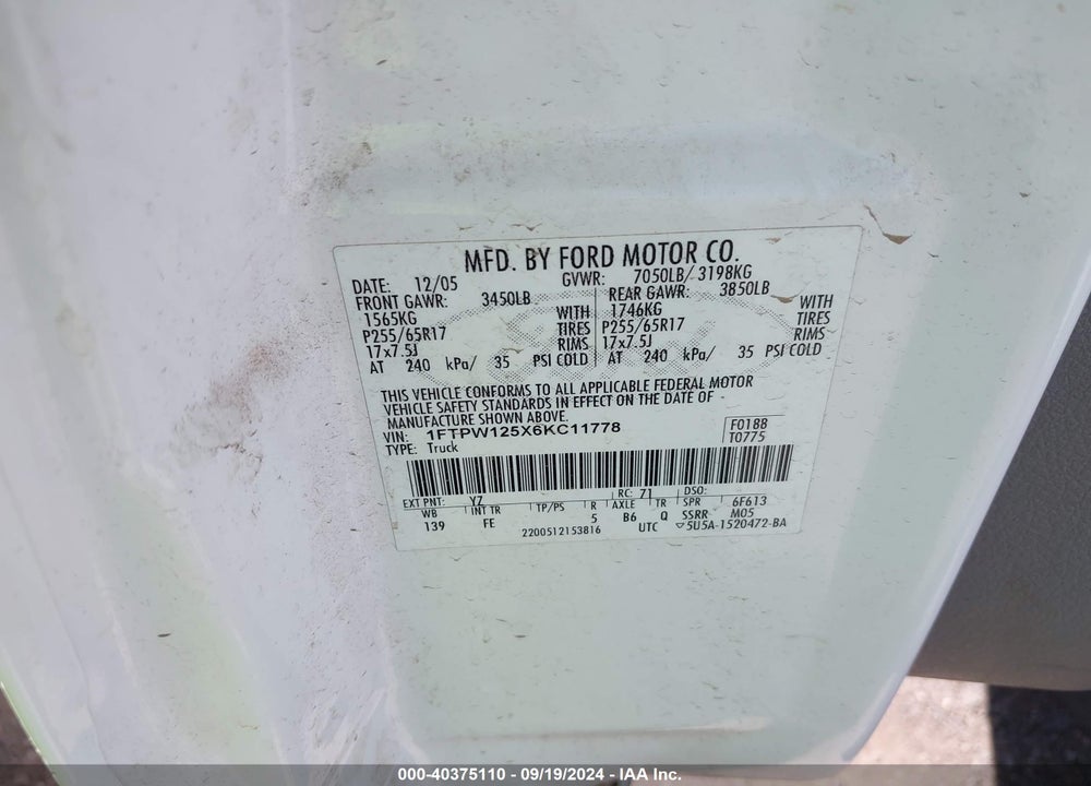 2006 FORD F-150 LARIAT/XLT VIN: 1FTPW125X6KC11778