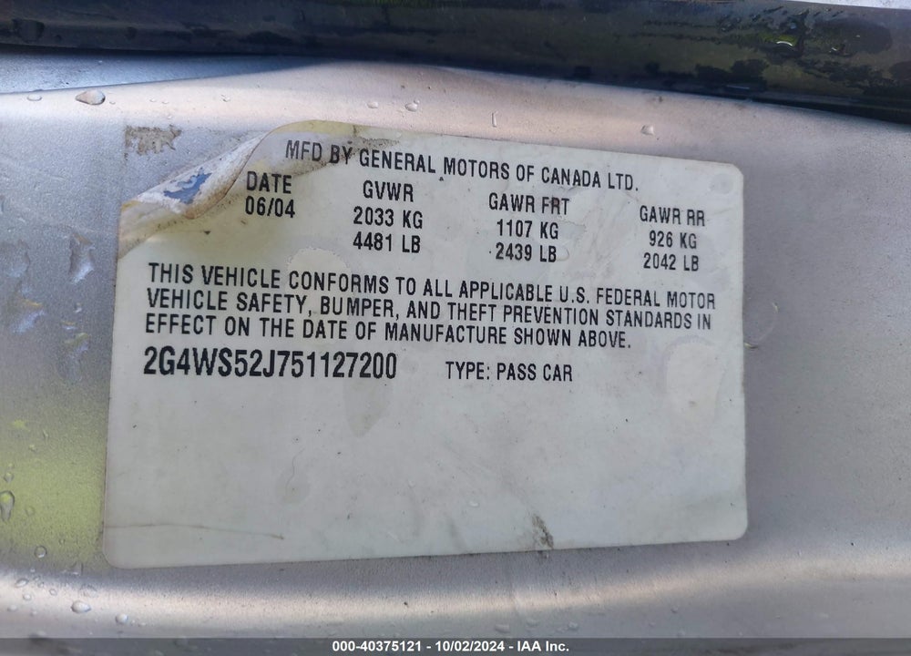 2005 BUICK CENTURY VIN: 2G4WS52J751127200