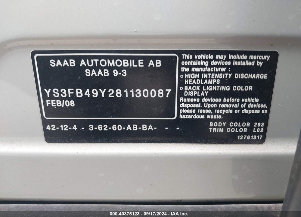 2008 SAAB 9-3 2.0T VIN: YS3FB49Y281130087