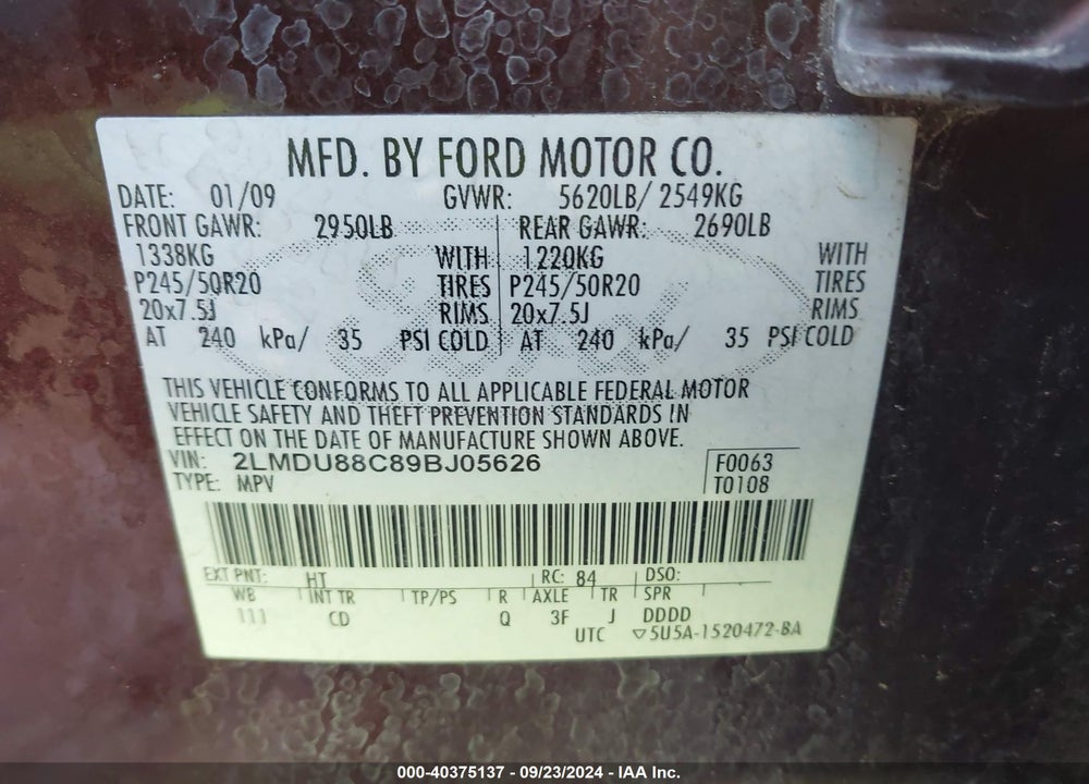 2009 LINCOLN MKX VIN: 2LMDU88C89BJ05626