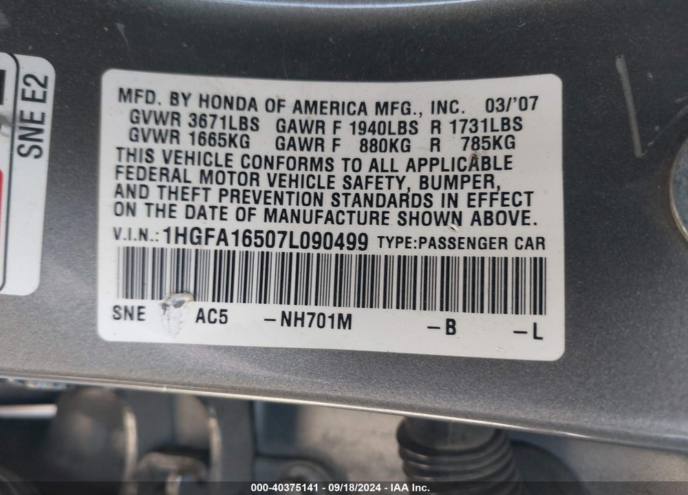 2007 HONDA CIVIC LX VIN: 1HGFA16507L090499