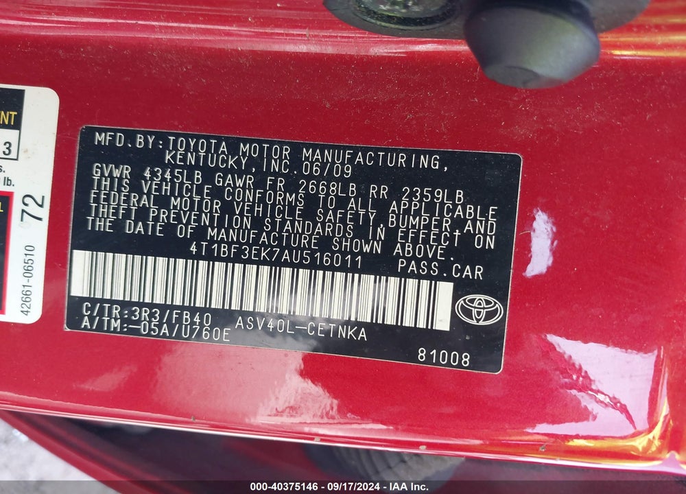 2010 TOYOTA CAMRY LE VIN: 4T1BF3EK7AU516011