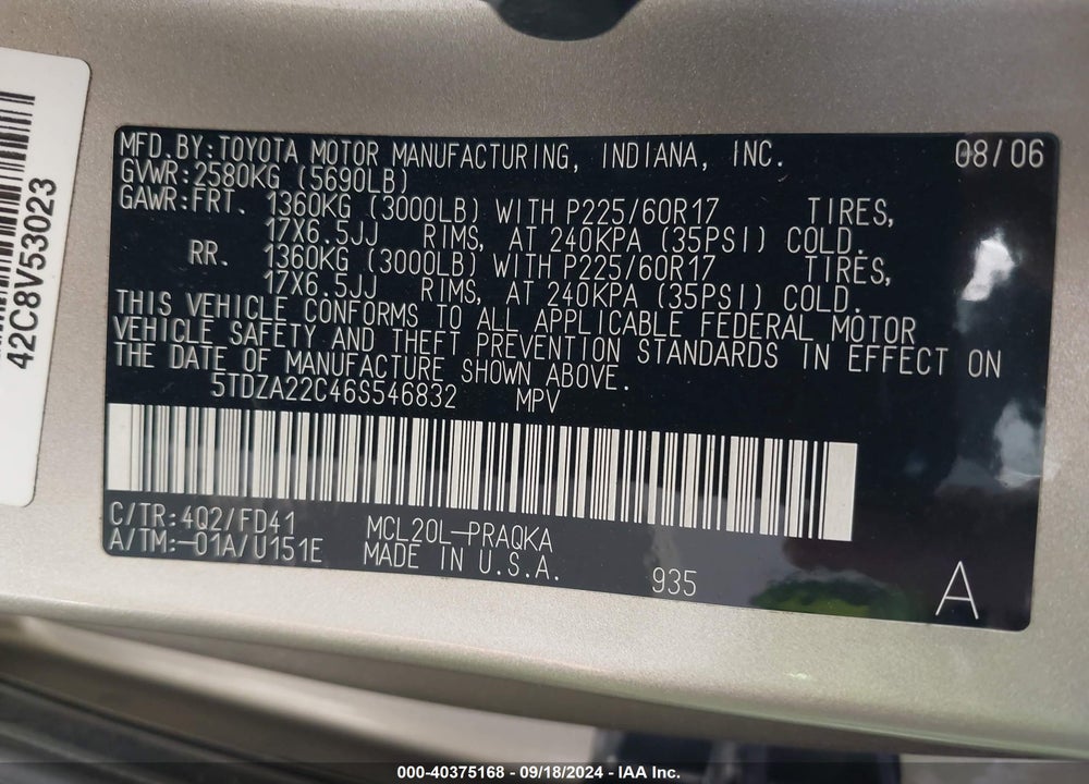 2006 TOYOTA SIENNA VIN: 5TDZA22C46S546832