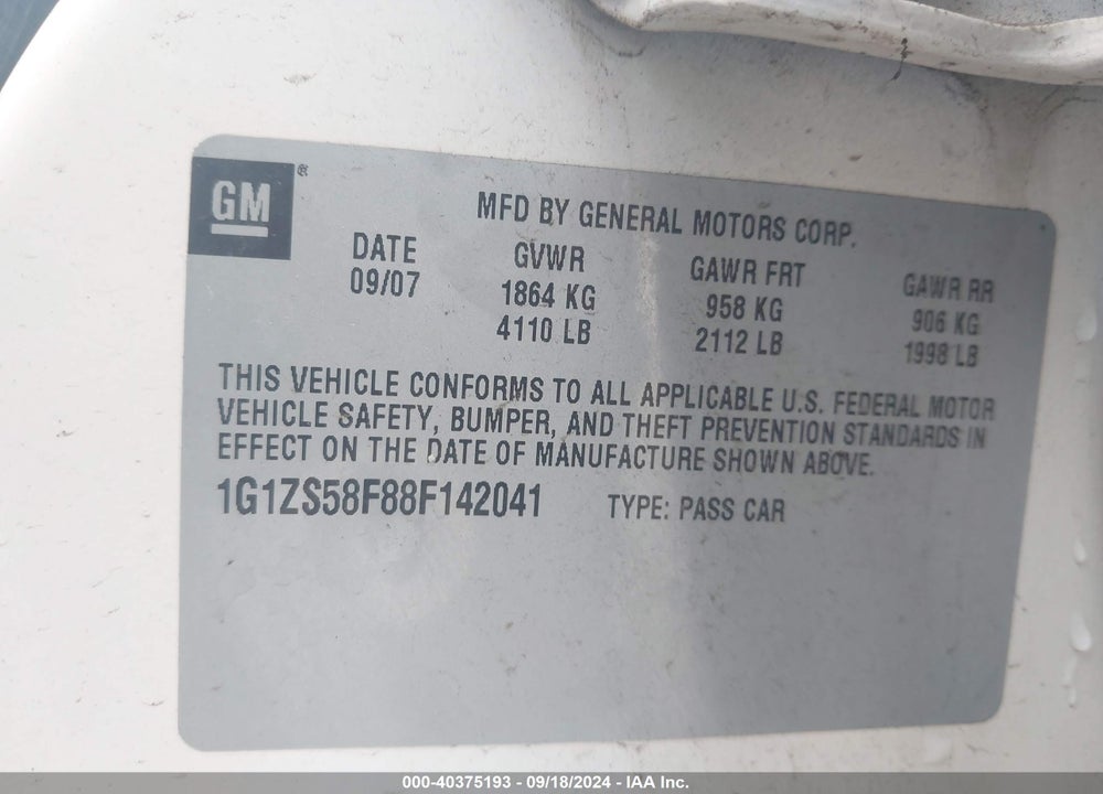 2008 CHEVROLET MALIBU CLASSIC LS VIN: 1G1ZS58F88F142041