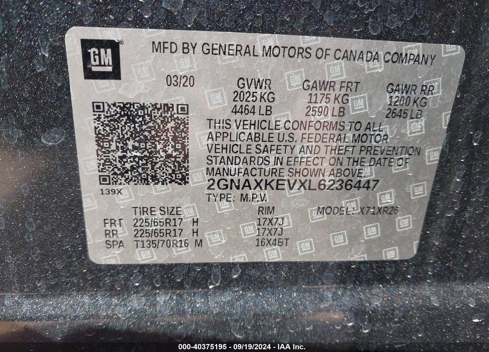 2020 CHEVROLET EQUINOX FWD LT 1.5L TURBO VIN: 2GNAXKEVXL6236447