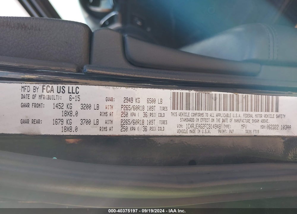 2015 JEEP GRAND CHEROKEE LAREDO VIN: 1C4RJEAG2FC914948