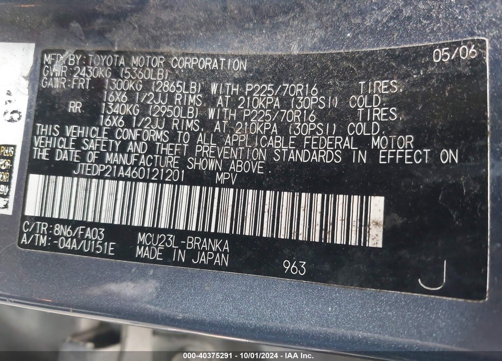 2006 TOYOTA HIGHLANDER V6 VIN: JTEDP21A460121201