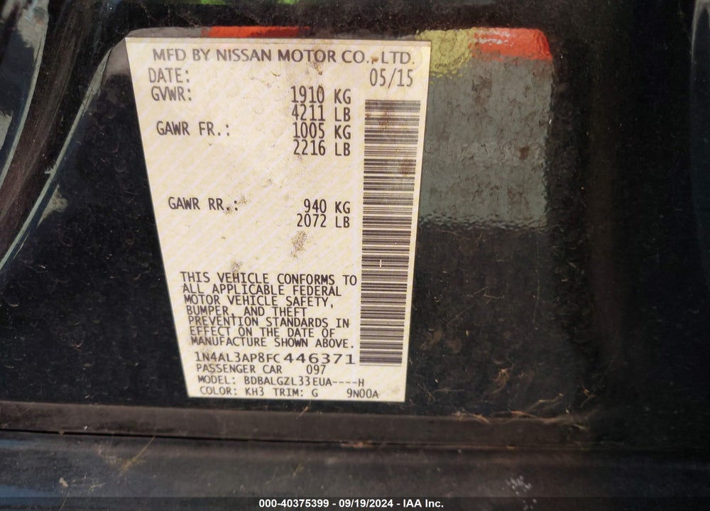 2015 NISSAN ALTIMA 2.5 S VIN: 1N4AL3AP8FC446371