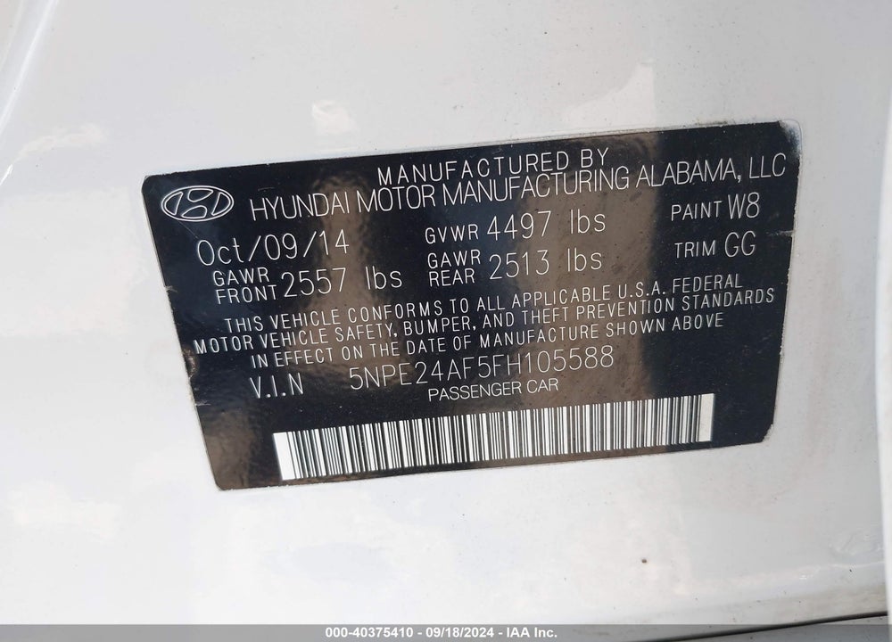 2015 HYUNDAI SONATA SE VIN: 5NPE24AF5FH105588