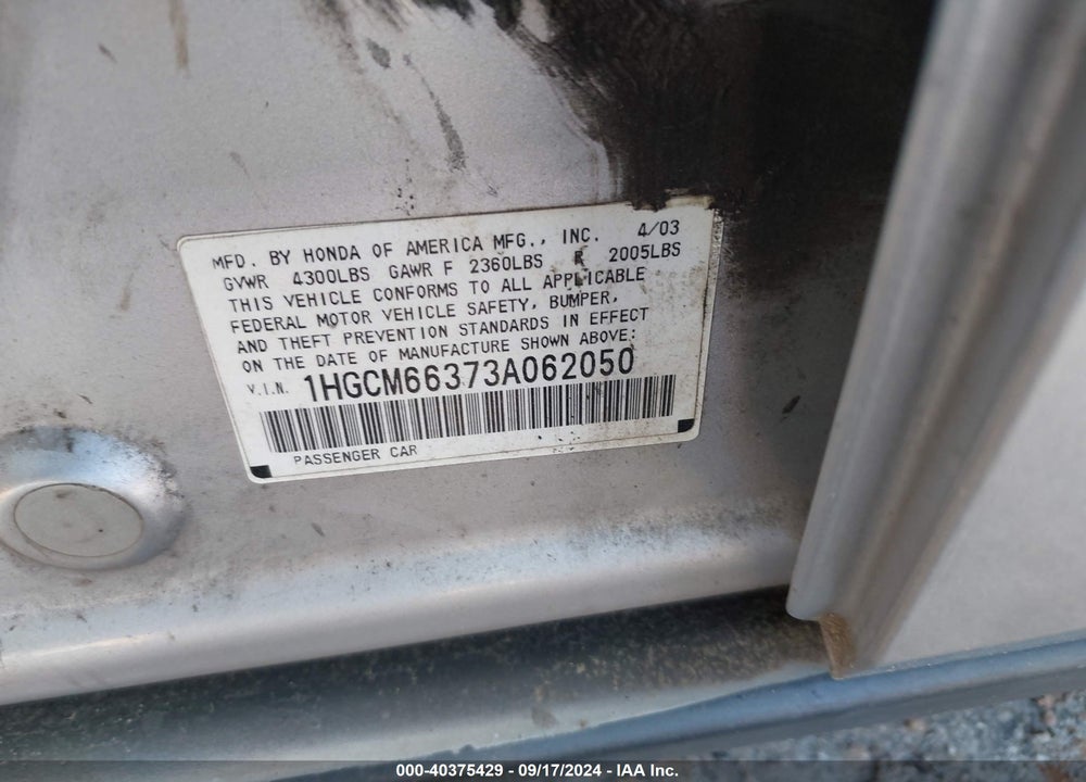 2003 HONDA ACCORD 3.0 LX VIN: 1HGCM66373A062050