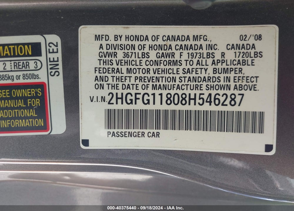2008 HONDA CIVIC EX VIN: 2HGFG11808H546287