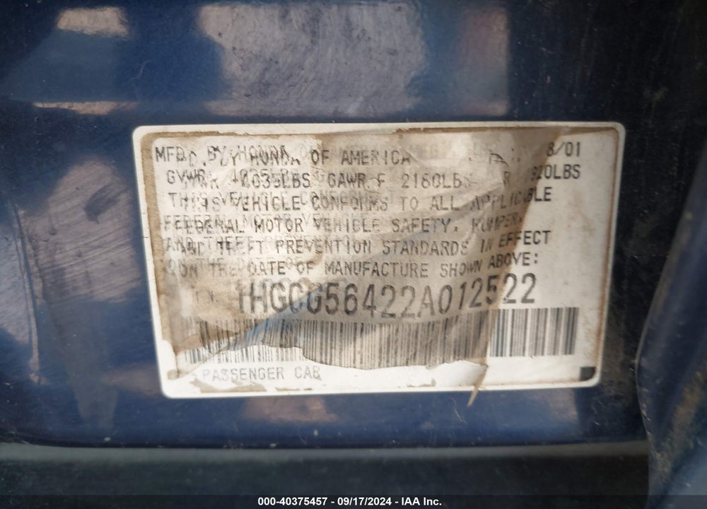 2002 HONDA ACCORD 2.3 LX VIN: 1HGCG56422A012522