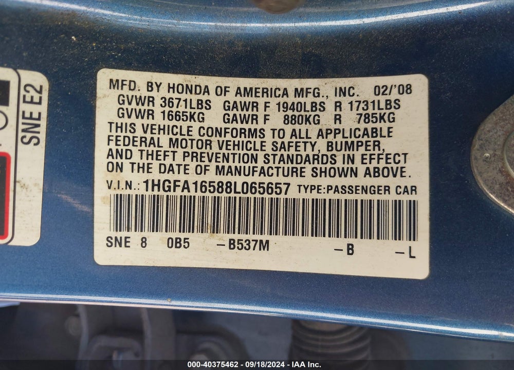 2008 HONDA CIVIC LX VIN: 1HGFA16588L065657