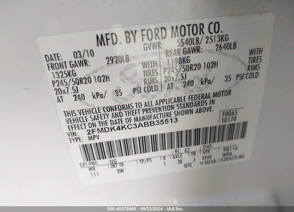 2010 FORD EDGE LIMITED VIN: 2FMDK4KC3ABB35513