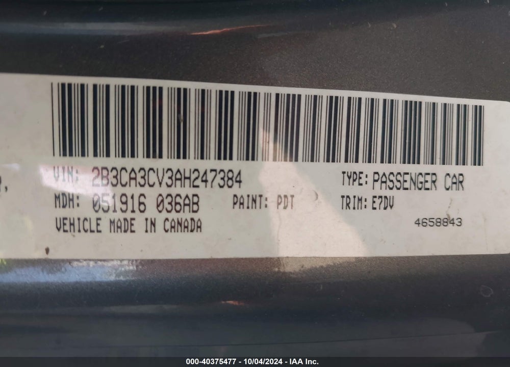 2010 DODGE CHARGER SXT VIN: 2B3CA3CV3AH247384