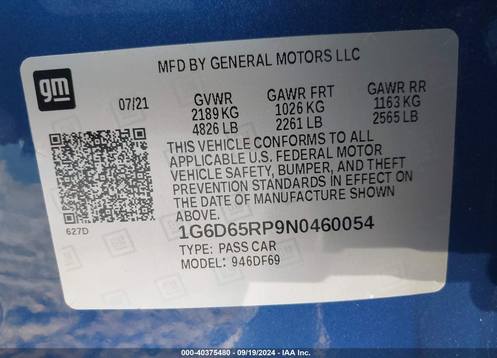 2022 CADILLAC CT4-V V-SERIES BLACKWING VIN: 1G6D65RP9N0460054