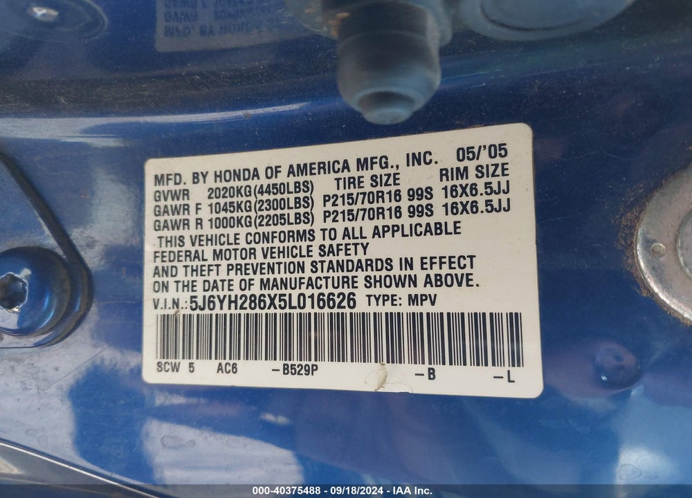 2005 HONDA ELEMENT EX VIN: 5J6YH286X5L016626