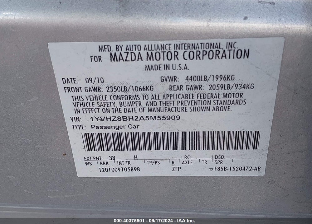 2010 MAZDA 6 I SPORT VIN: 1YVHZ8BH2A5M55909