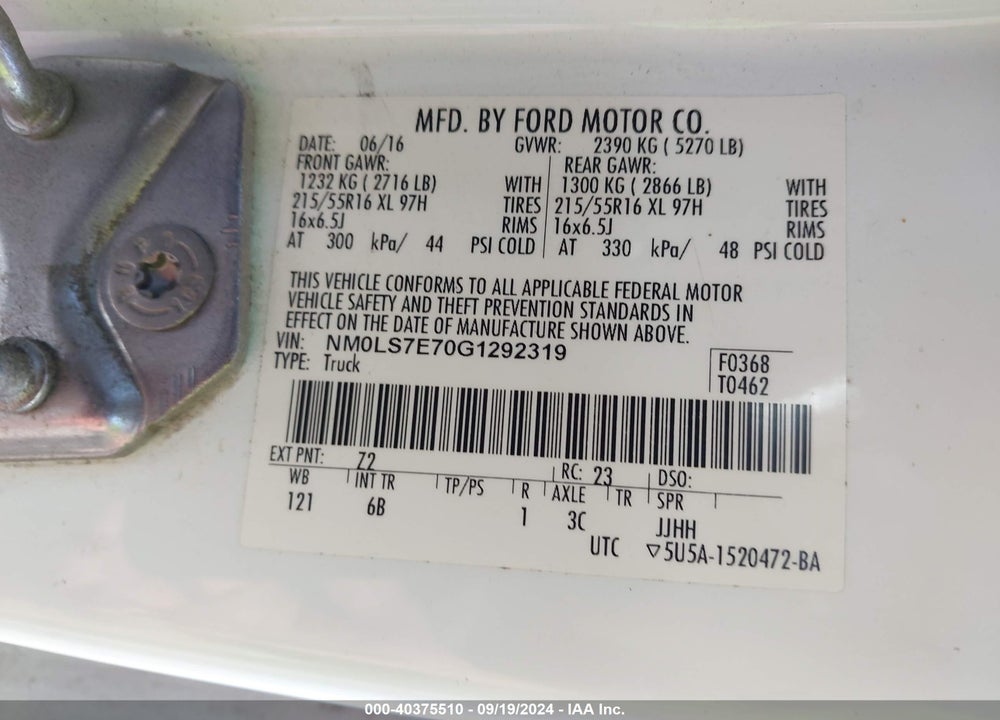2016 FORD TRANSIT CONNECT XL VIN: NM0LS7E70G1292319