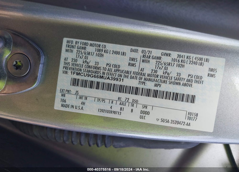2021 FORD ESCAPE SE VIN: 1FMCU9G66MUA39931