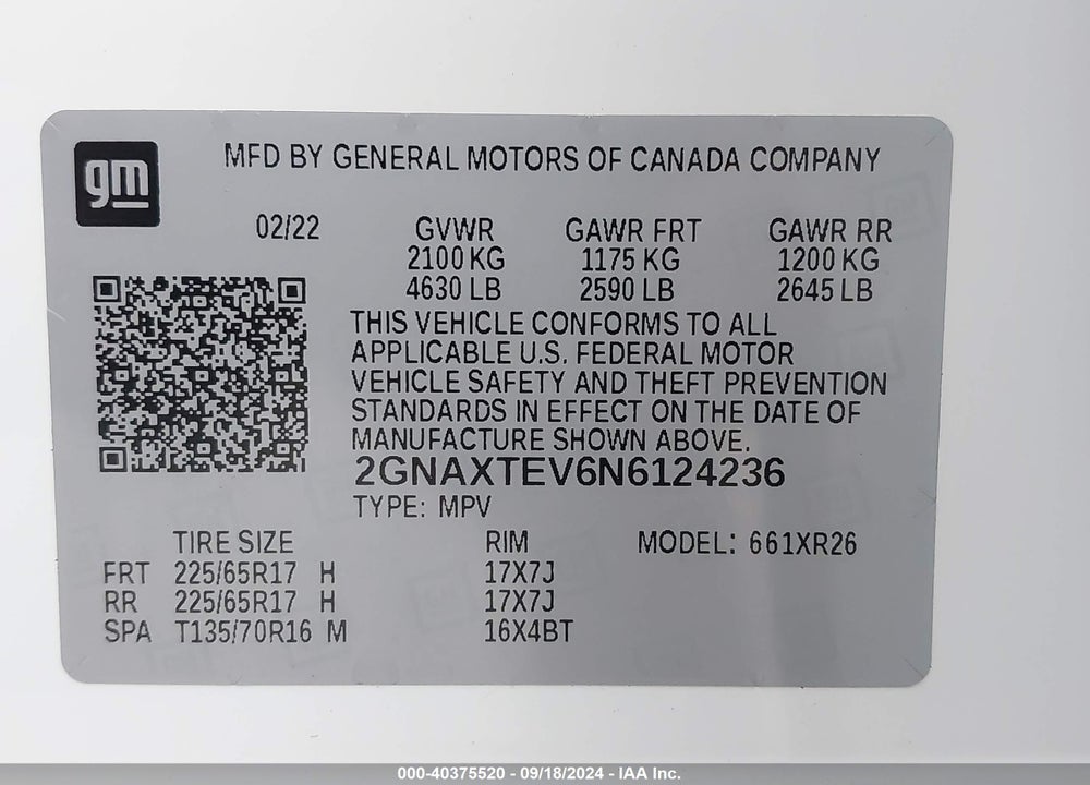 2022 CHEVROLET EQUINOX AWD 2FL VIN: 2GNAXTEV6N6124236