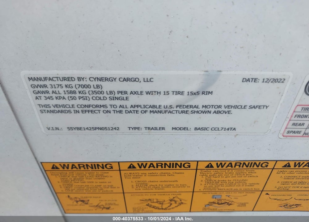 2023 CYNERGY CARGO LLC --- VIN: 55YBE1425PN051242