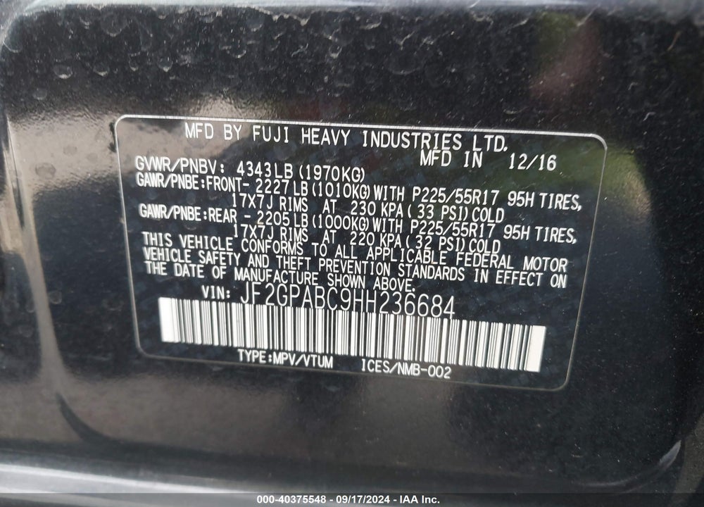 2017 SUBARU CROSSTREK 2.0I PREMIUM VIN: JF2GPABC9HH236684