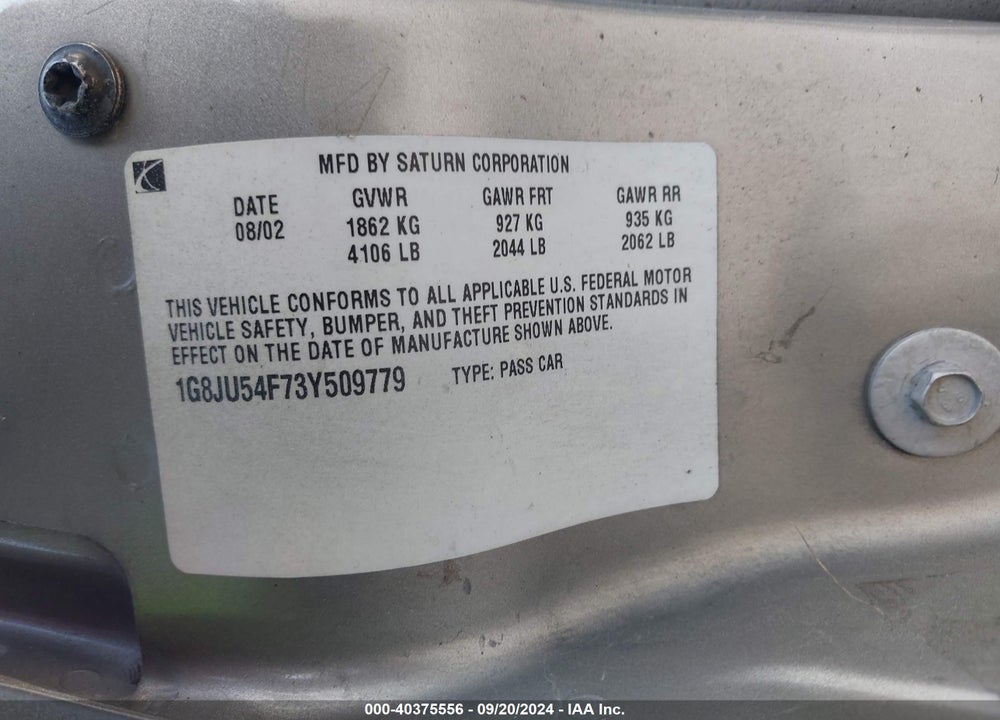 2003 SATURN L-SERIES L200 VIN: 1G8JU54F73Y509779