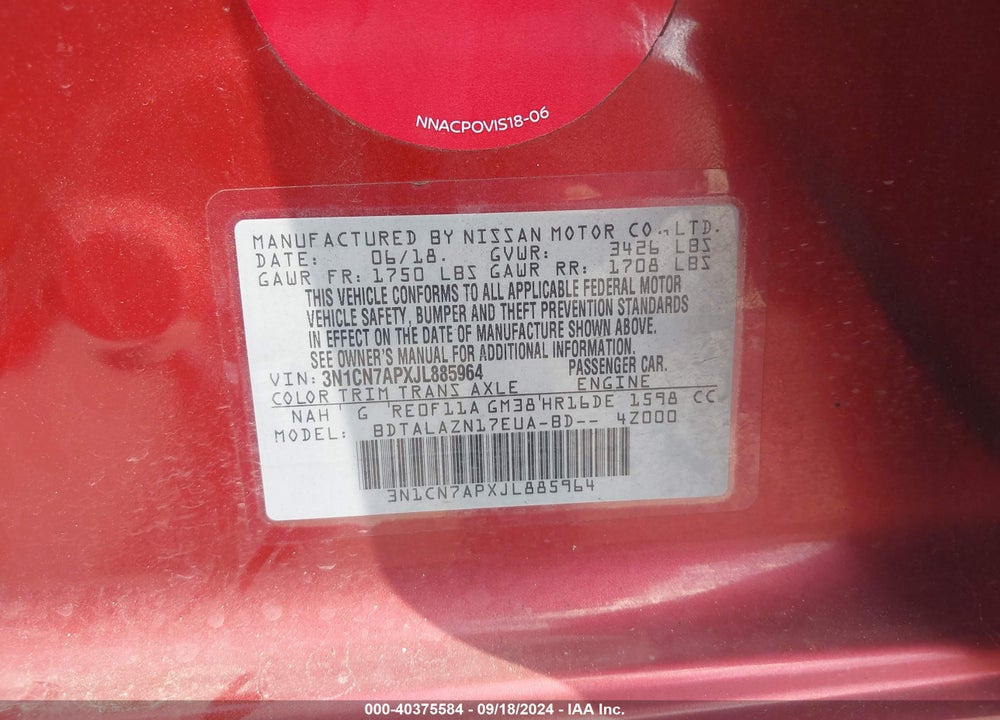 2018 NISSAN VERSA 1.6 S+ VIN: 3N1CN7APXJL885964