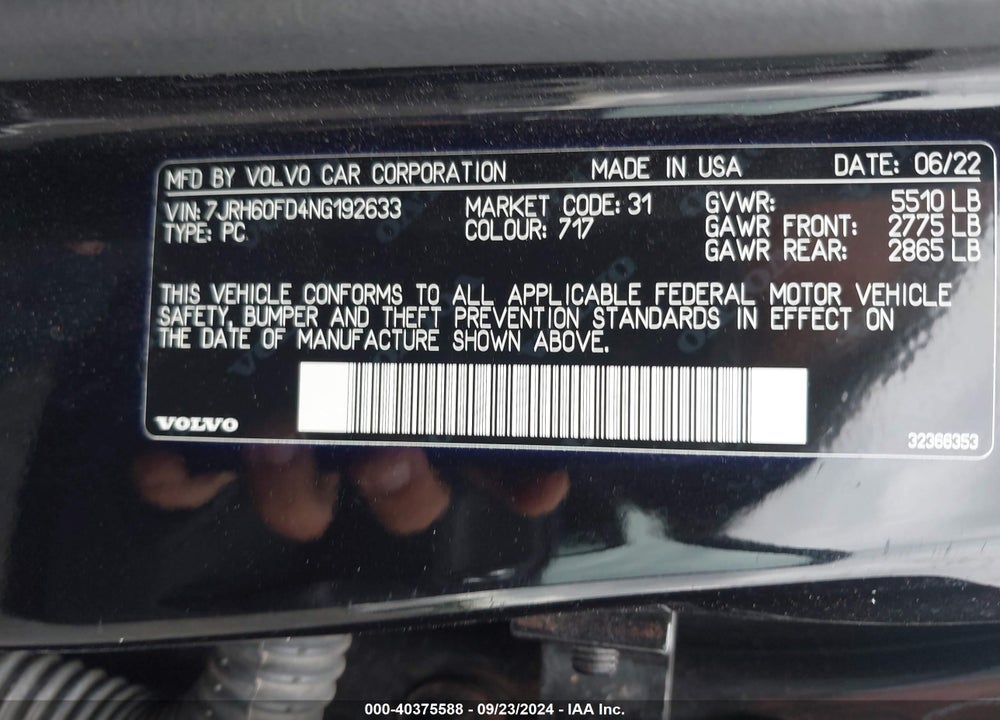 2022 VOLVO S60 RECHARGE PLUG-IN HYBRID T8 BLACK EDITION R-DESIGN EXTENDED RANGE VIN: 7JRH60FD4NG192633