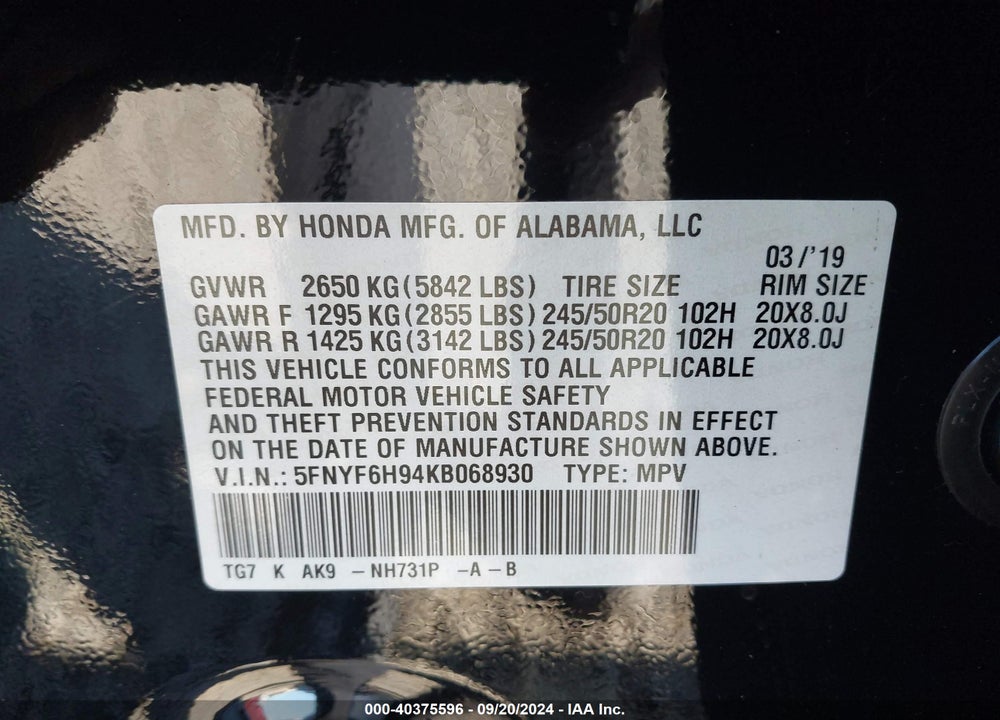2019 HONDA PILOT TOURING VIN: 5FNYF6H94KB068930