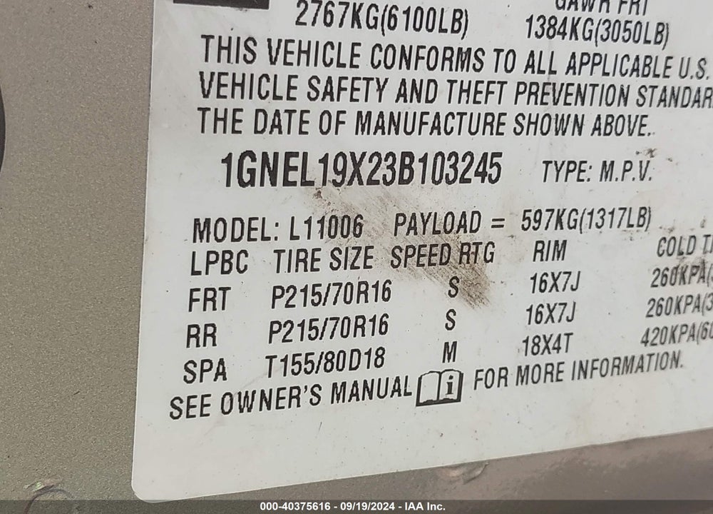 2003 CHEVROLET ASTRO LS VIN: 1GNEL19X23B103245