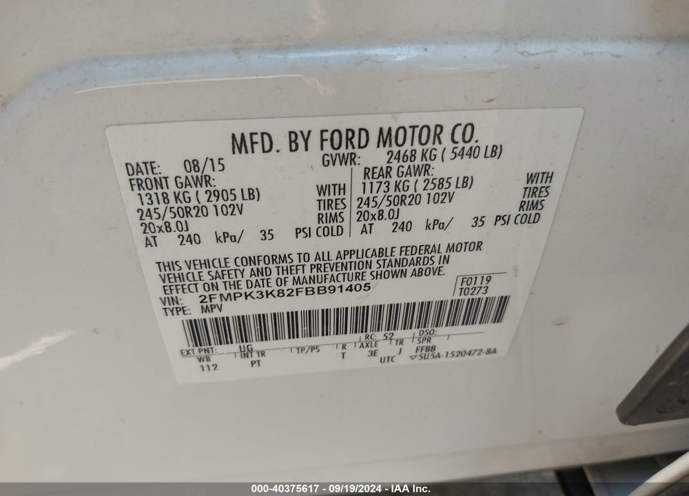 2015 FORD EDGE TITANIUM VIN: 2FMPK3K82FBB91405