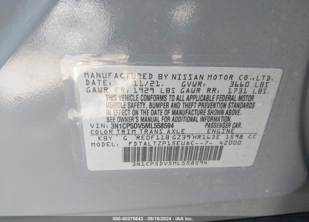 2021 NISSAN KICKS SR XTRONIC CVT VIN: 3N1CP5DV5ML558594