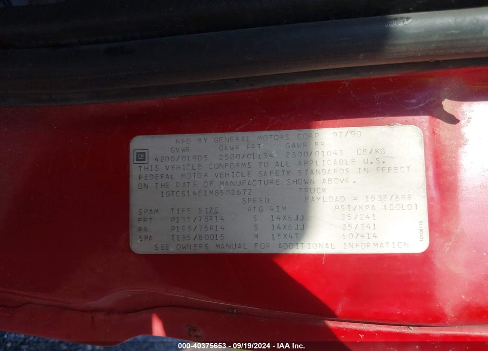 1991 GMC SONOMA VIN: 1GTCS14E1M8502672