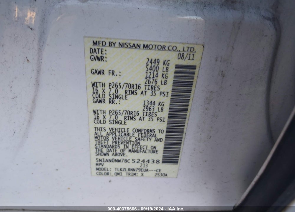 2011 NISSAN XTERRA S VIN: 5N1AN0NW7BC524438