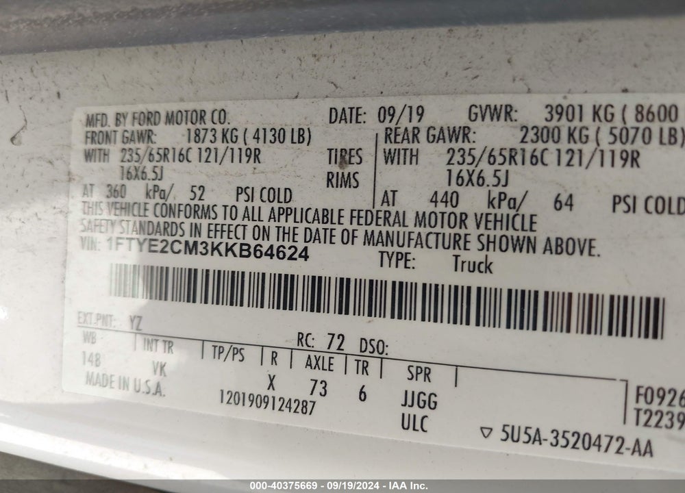 2019 FORD TRANSIT-150 VIN: 1FTYE2CM3KKB64624