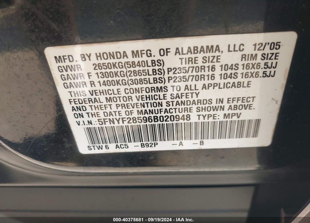 2006 HONDA PILOT EX-L VIN: 5FNYF28596B020948