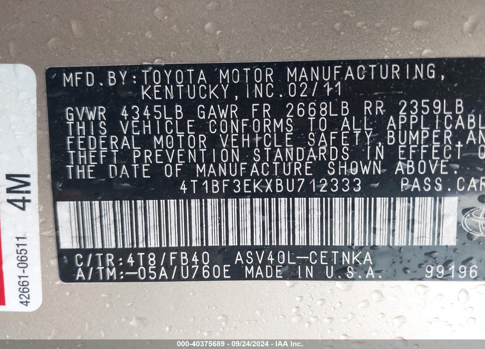 2011 TOYOTA CAMRY LE VIN: 4T1BF3EKXBU712333
