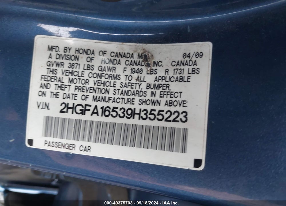 2009 HONDA CIVIC LX VIN: 2HGFA16539H355223