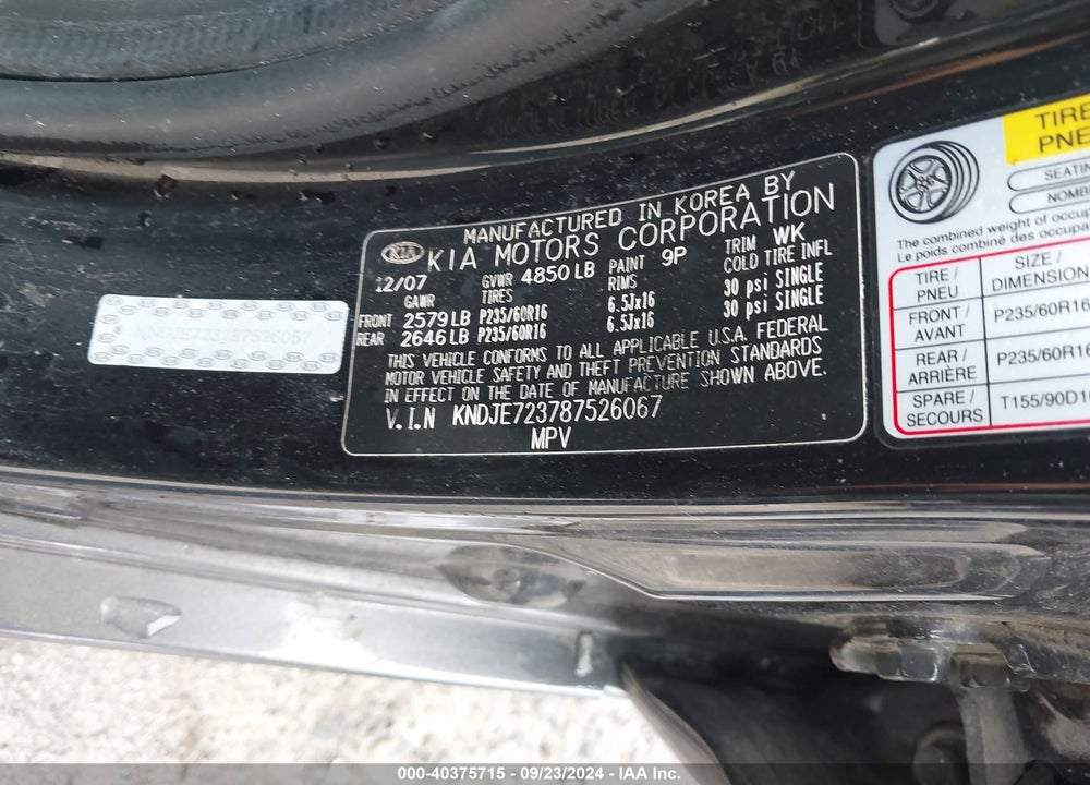 2008 KIA SPORTAGE EX V6 VIN: KNDJE723787526067