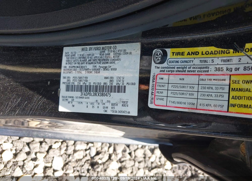 2012 FORD FUSION HYBRID VIN: 3FADP0L38CR380475