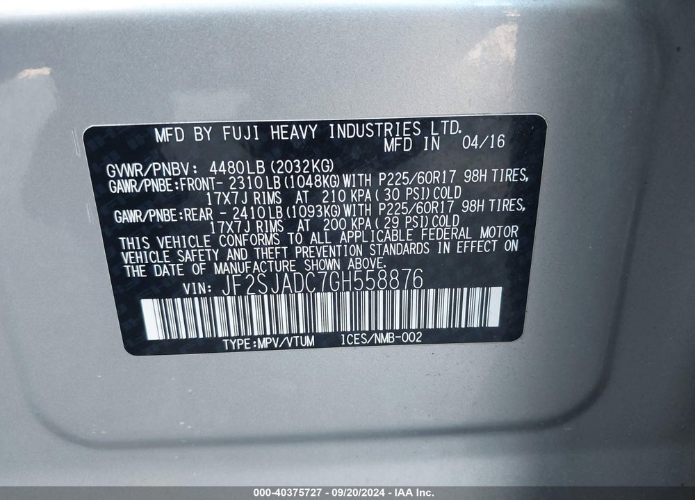 2016 SUBARU FORESTER 2.5I PREMIUM VIN: JF2SJADC7GH558876