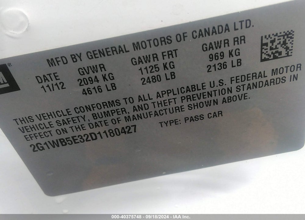 2013 CHEVROLET IMPALA VIN: 2G1WB5E32D1180427