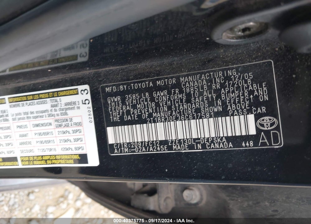 2006 TOYOTA COROLLA S VIN: 2T1BR30E36C617581