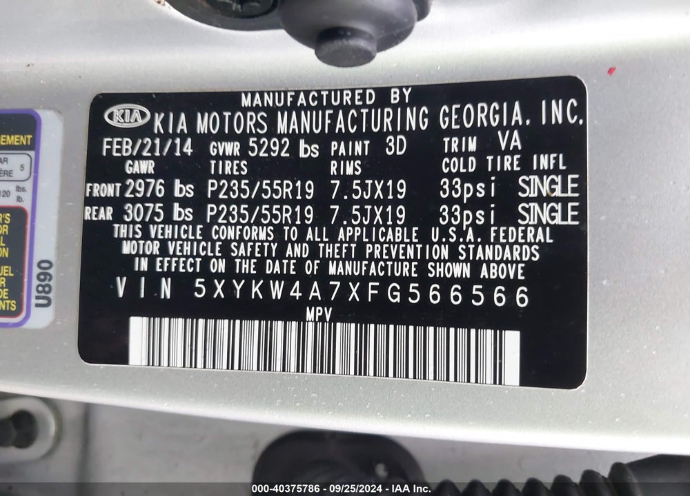2015 KIA SORENTO SX V6 VIN: 5XYKW4A7XFG566566