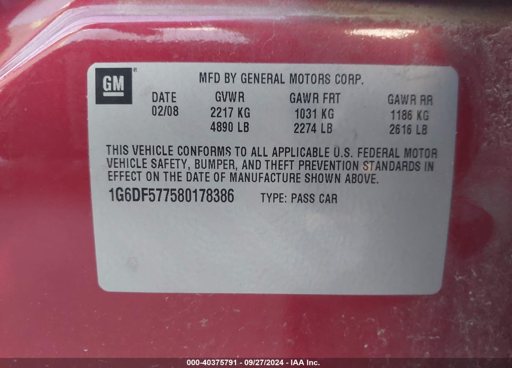 2008 CADILLAC CTS STANDARD VIN: 1G6DF577580178386