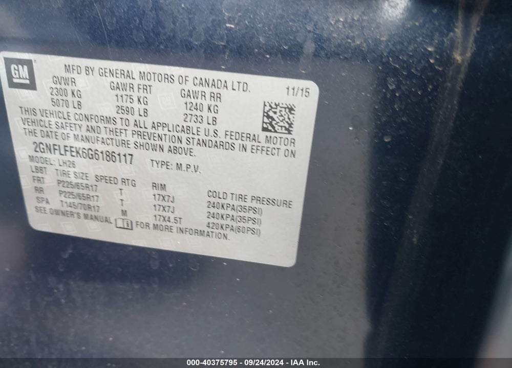 2016 CHEVROLET EQUINOX LT VIN: 2GNFLFEK6G6186117